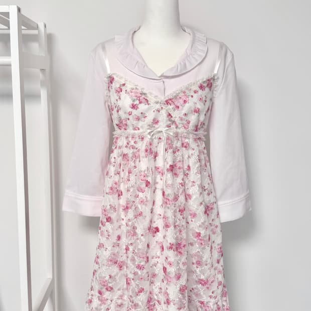 일본빈티지 대장 핑크 플라워 레이스 미니원피스 세트