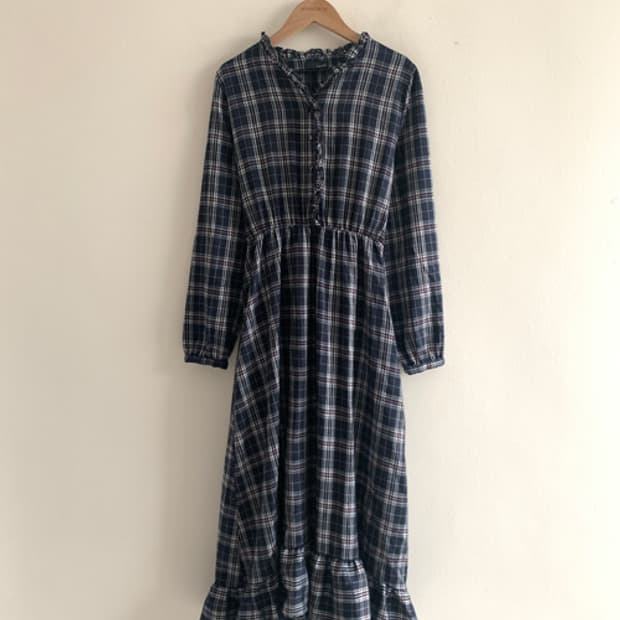 Check Frill Ribbon Dress(Navy)