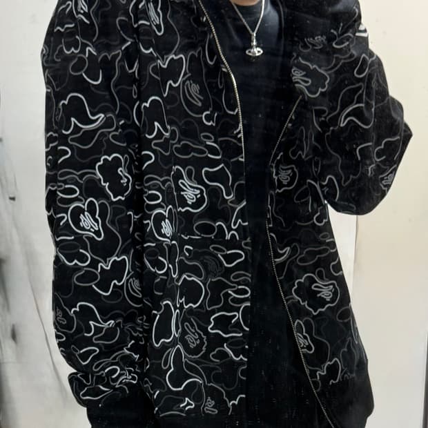 베이프 네온 카모 샤크 풀 집 후드 블랙 L