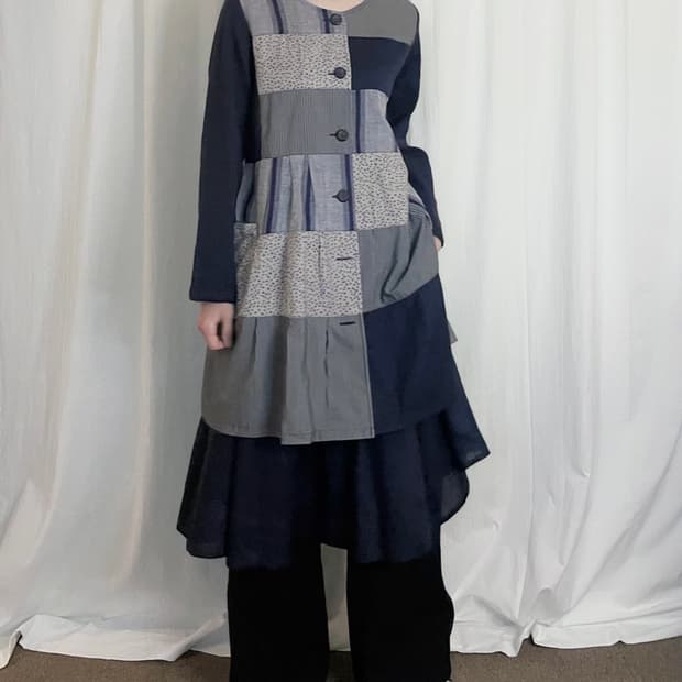 Patchwork Long Shirt - Navy