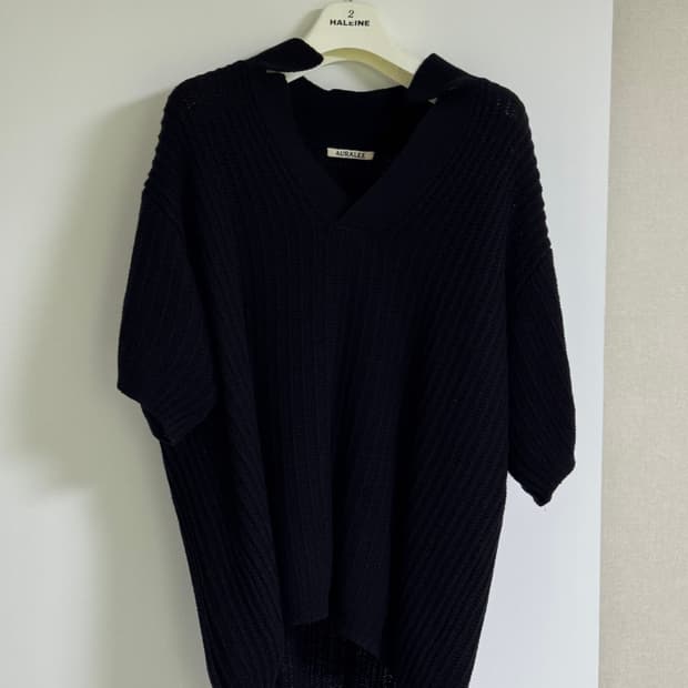 <4> 오라리 블랙 코튼 울 반팔 카라 니트