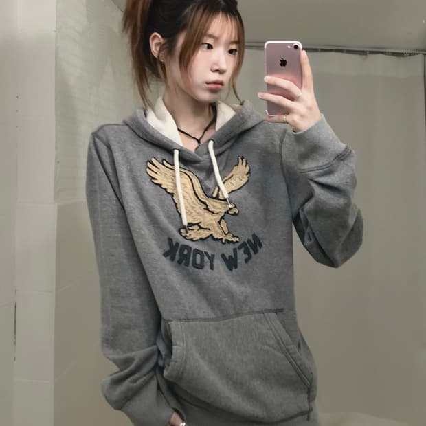 아메리칸 이글 그레이 아플리케 기모 후드티