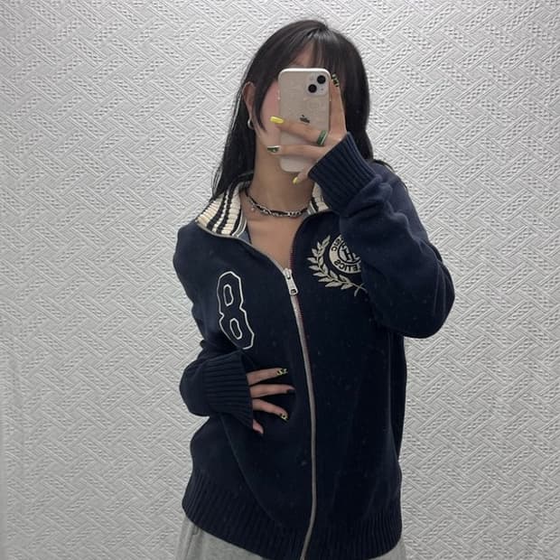 타미힐피거 올드스쿨 레트로 자수패치 집업 니트 가디건 M C07413