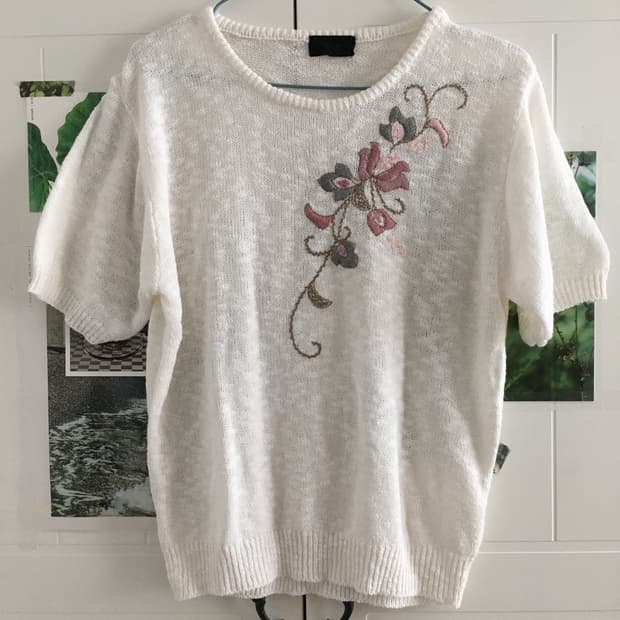일본빈티지 하구미 모리걸 꽃자수 아이보리 반팔니트 베스트 레이어드