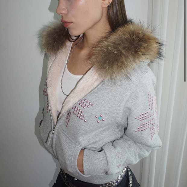 Fur Trimming Hooded Zip-Up Melange Gray