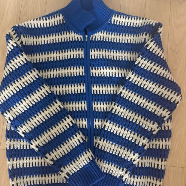 STU 스트라이프 집업 가디건 블루 L 새상품