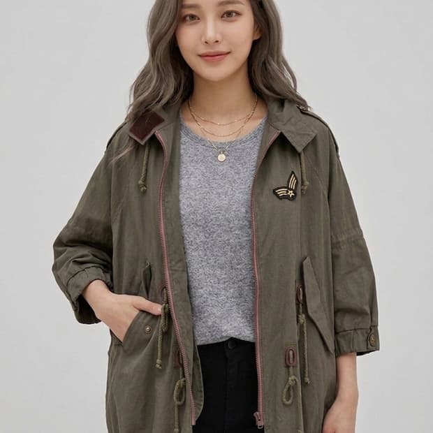 🌿카키 걸리쉬 야상 점퍼 | 케이프 느낌 루즈핏 아우터 55~66