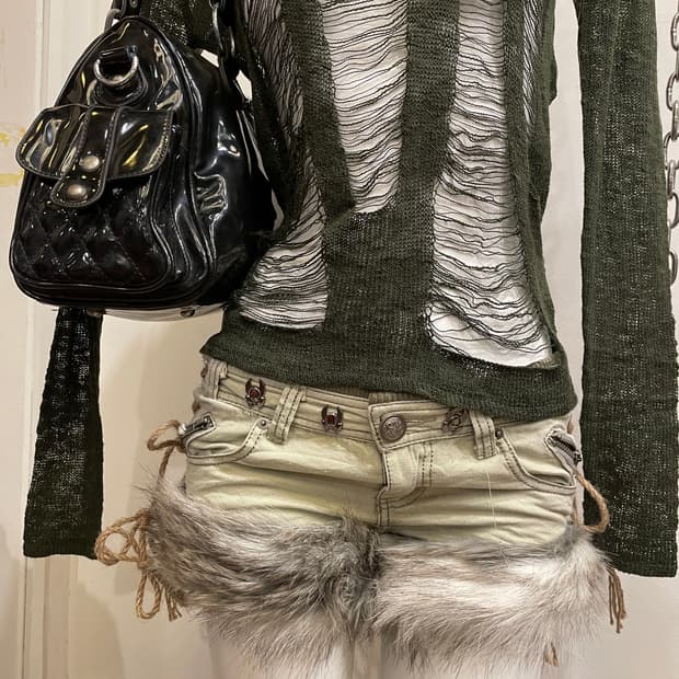 스컬 스터드 아일렛 그린 퍼 숏팬츠 펑크 갸루