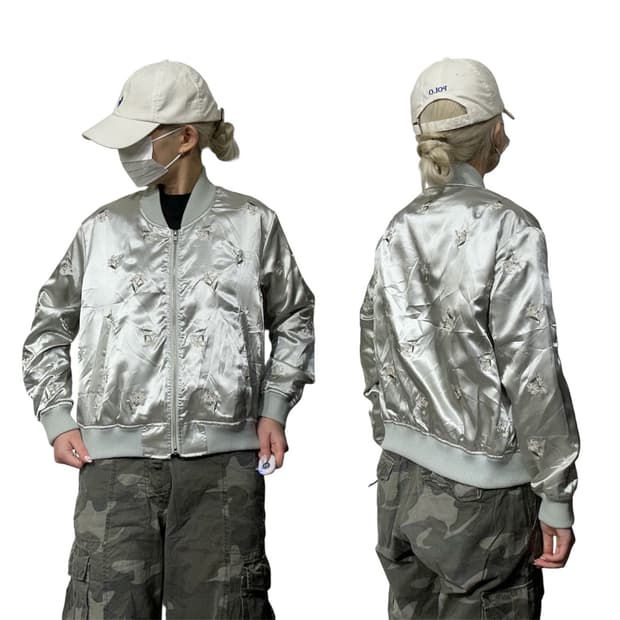 일본 빈티지 유광 실버 스카잔 꽃 자수 크롭 자켓  