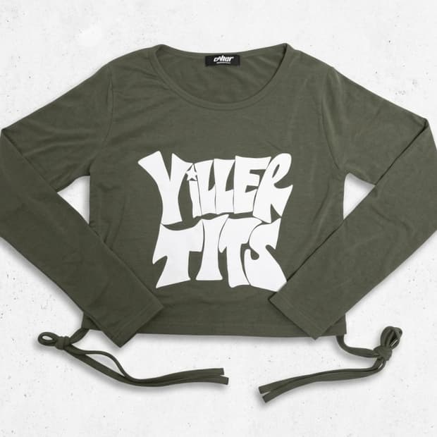 YILLER TIME 스트링 크롭 긴팔 티셔츠 카키 M