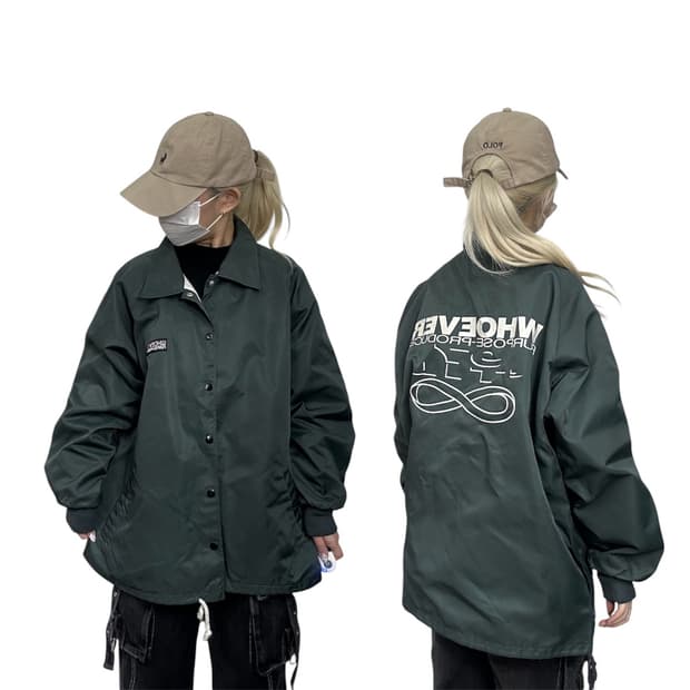 일본 빈티지 카키 프린팅 빅 로고 오버핏 바람막이 트랙 코치 자켓 M