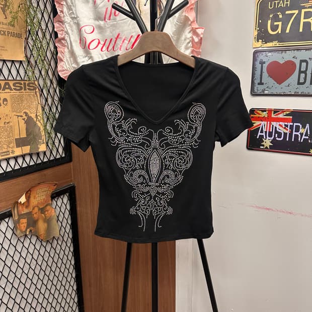 Black Crystal Detail V-Neck T-Shirt