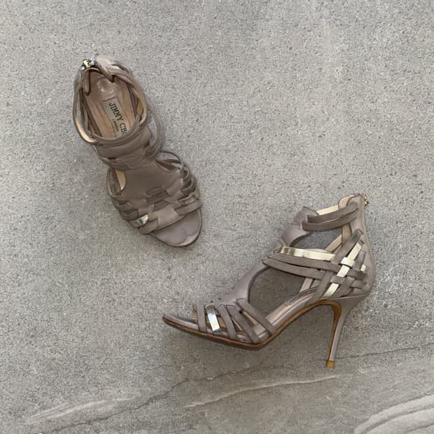 Jimmy Choo beige open toe strap pumps