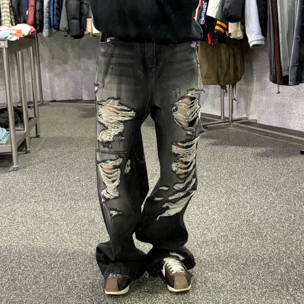 빈티지 데미지 디트로이트 흑청 데님 팬츠 B3941