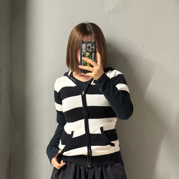 stripe pattern knit hood zip-up