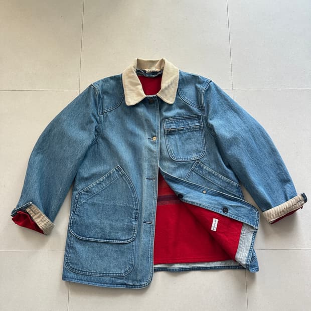 80s 엘엘빈 데님 커버올 카라 울 블랭킷 라이닝 초어 자켓 
