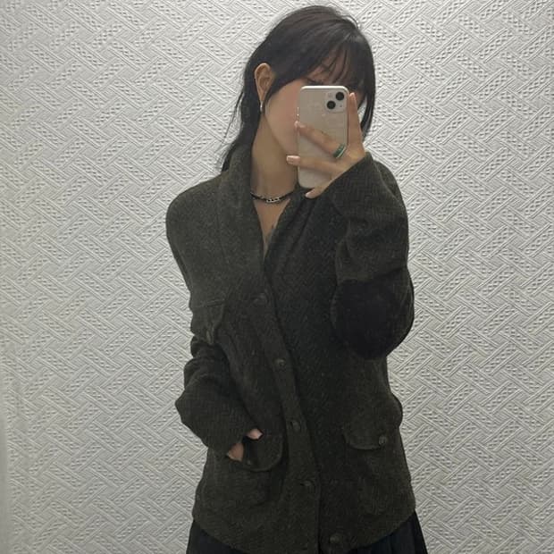 폴로 랄프로렌 헤링본 숄카라 올리브 그린 울 가디건 M C06499