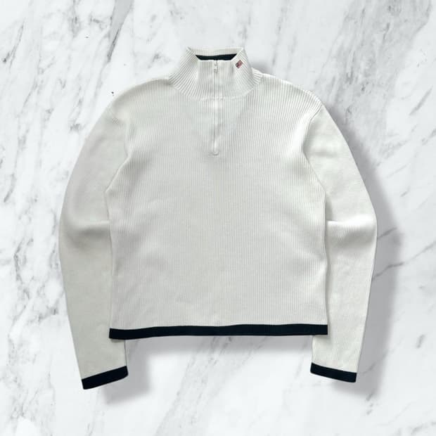 폴로 진스 성조기 넥 로고 크롭 하프집업 니트 