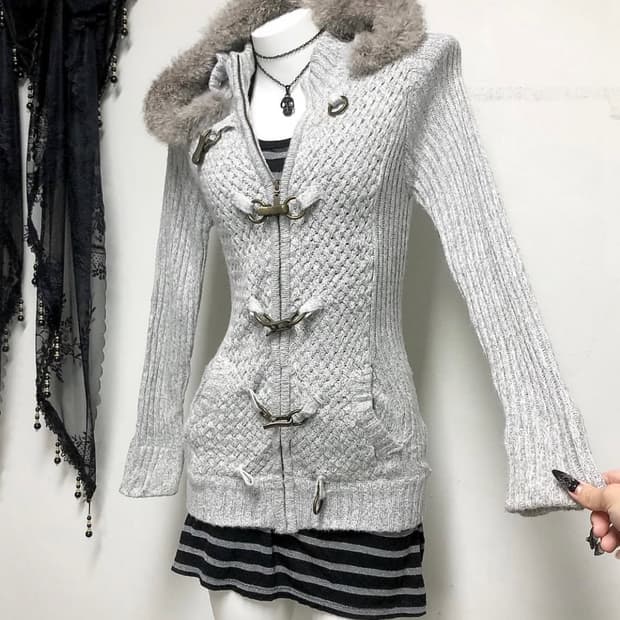 리얼퍼 니트집업 모리 니혼진 너드 무채색 아우터 버클 00s