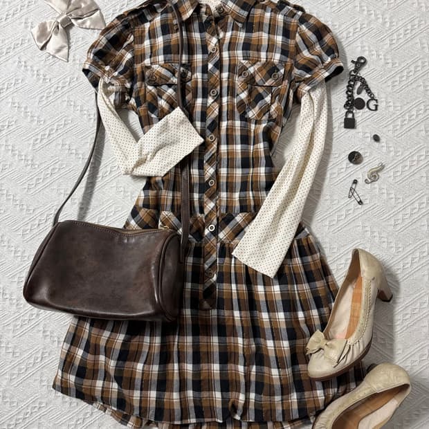 체크 패턴 버튼 퍼프 디테일 원피스(이너 구매 가능)