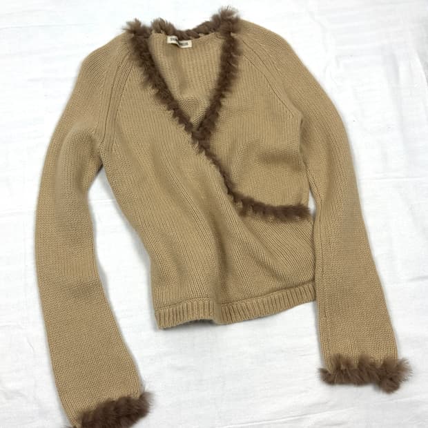 Rabbit Fur Trim Wrap Knit Top
