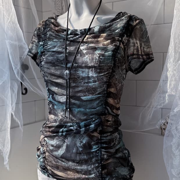 Denim Pattern Shirred Blouse 0265