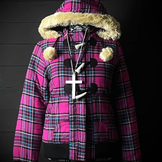 JPN  갸루 펑크 핑크 체크 패턴 퍼 더플 토글 떡볶이 코트 떡코