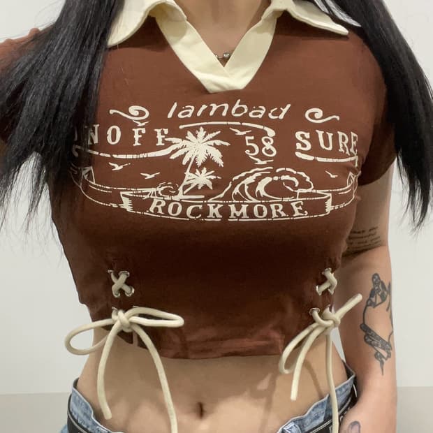 Vtg Y2K 오픈카라 아일렛 크롭 반팔 티셔츠