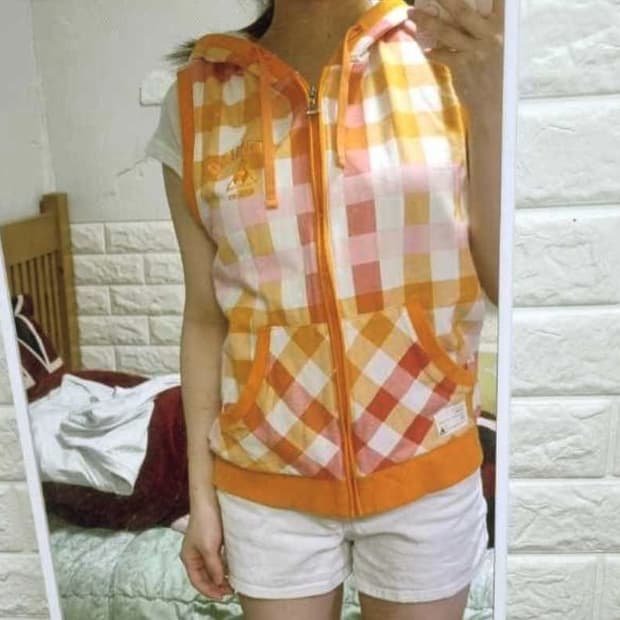 빈티지 르꼬끄 오렌지 체크 패턴 조끼 후드 집업 자켓 모리걸 레트로