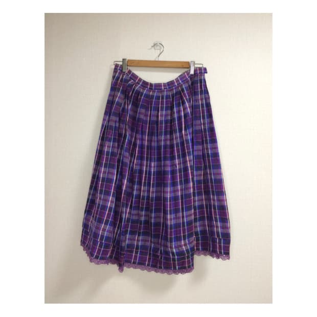 빈티지 퍼플 체크 레이스 미디 스커트