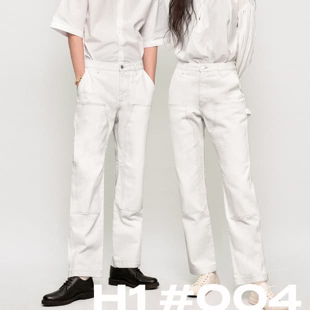 34 새제품 DECET 데님 워크 팬츠 세미 와이드 청바지 화이트 더블니