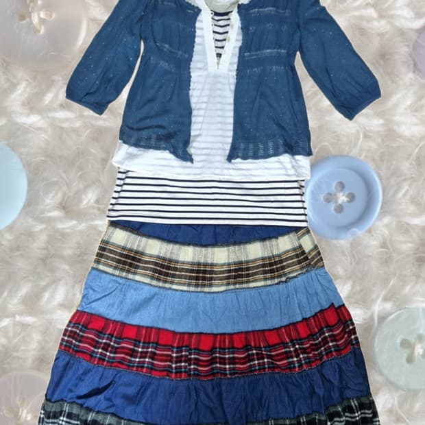 빈티지코디 패치스커트 가디건 블라우스  모리걸하구미히피오리엔탈니혼진