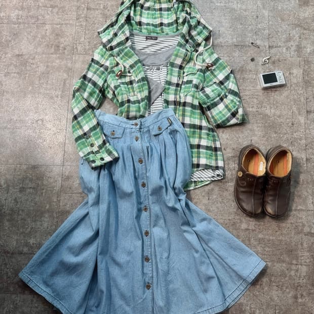 플란넬 후디드 자켓 레이어드 탑 데님 스커트 3pcs SET