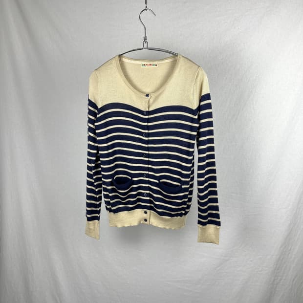 Beams Hearts 네이비 아이보리 스트라이프 가디건