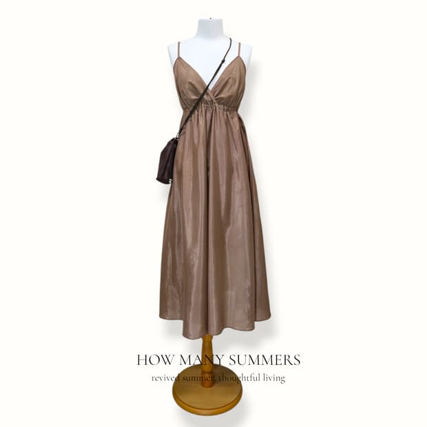 새틴 롱 원피스 M 브라운 나시 뷔스티에 브이넥