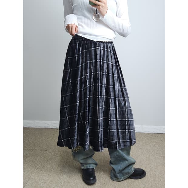벨벳 체크 롱 스커트