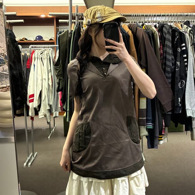 1)Japanese vintage 여성 레이어드 반팔 원피스