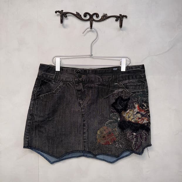 Washing denim oriental unbalanced skirt