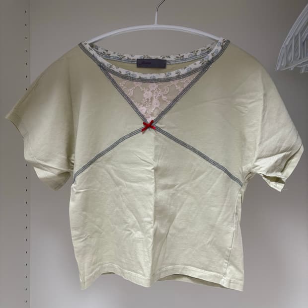 faerie 샵페어리 스티치 포인트 탑 그린티 민트 레이스 리본