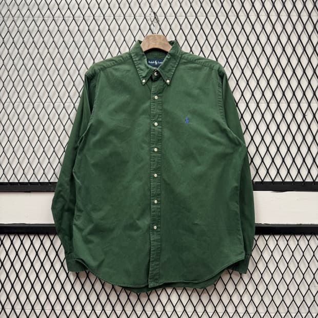 폴로 랄프로렌 솔리드 긴팔 셔츠 블루 포니 포인트 그린