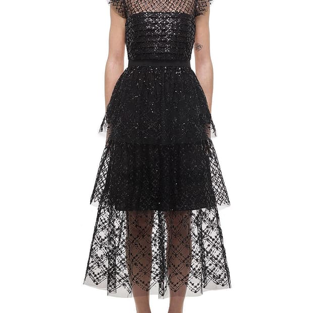 Black grid sequin tiered midi dress UK8