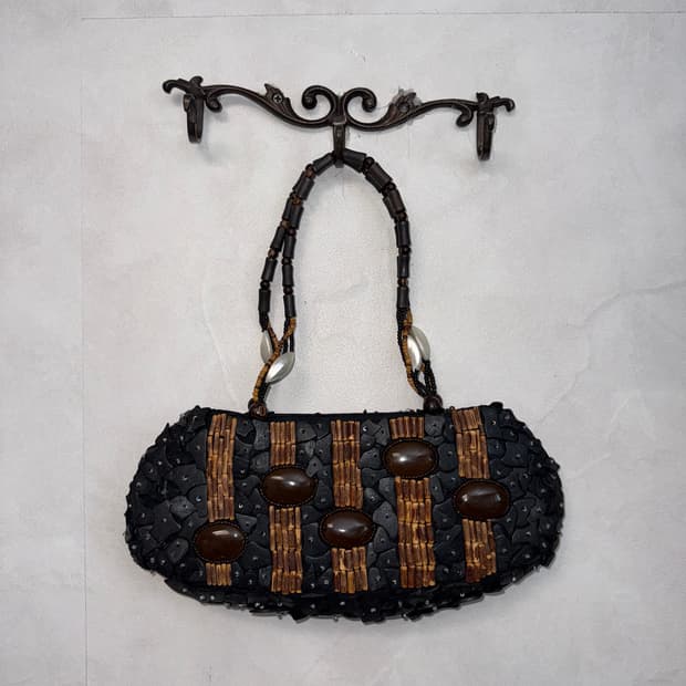 Black ethnic wood rattan shoulder bag