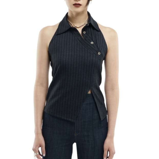 DENIM DIAGONAL HALTERNECK COLLAR SLEEVEL