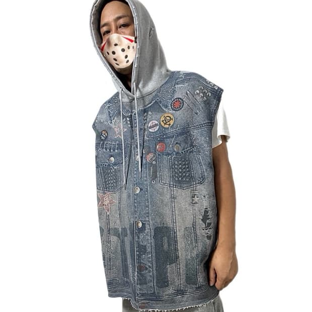 Steppa 3D 데님자켓 디지털프린트 민소매후디