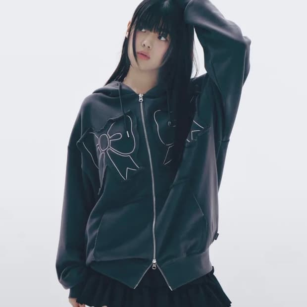 유희 리본 후드집업 차콜