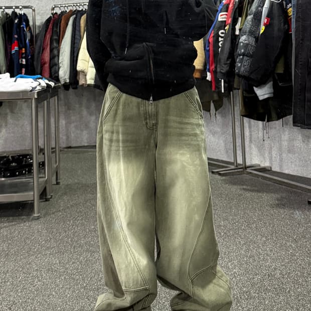 카인드 카키 워싱 벌룬 데님 팬츠 B4375