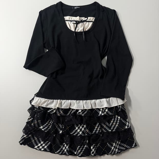 셔링 리본 넥 레이어드 탑