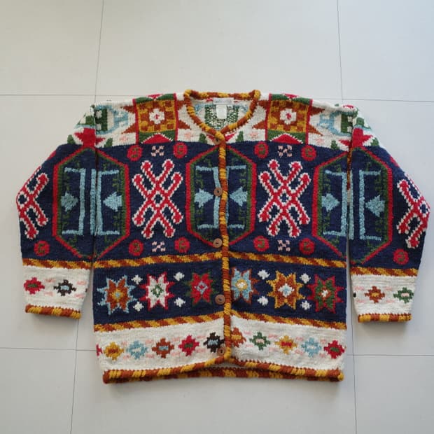 90s 빈티지 에스닉 나바호 아즈텍 핸드메이드 울 가디건 볼리비아(M)
