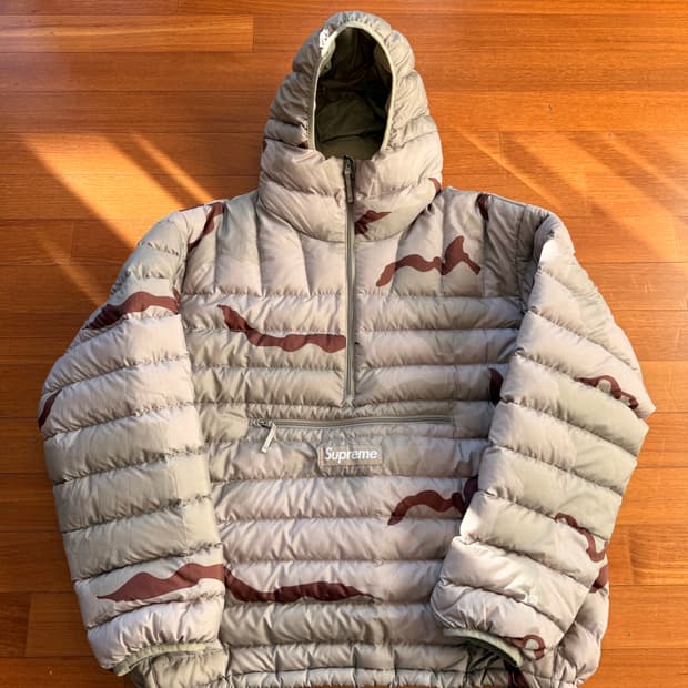 슈프림 마이크로 다운 하프 집 후드 풀오버 데저트 카모 L