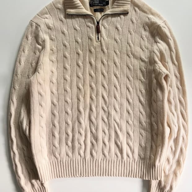Polo 폴로 랄프로렌 아이보리 케이블 램스울 반집업 니트